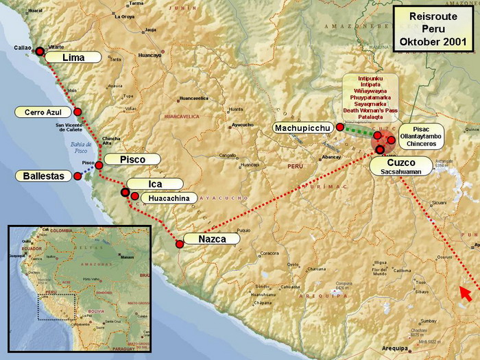 Travel route / Map In 2001 I have travelled through Boliva and Peru for 6 weeks together with a friend. In Peru we undertoke the four-day Inca trail to Machu Picchu and we visited all the important Inca and pre Inca locations and the big cities with a lot of colonial buildings (Cuzco, Sacsaywaman, Pisac, Nazca, Lima, ...). It was a fascinating introduction to the inca culture. Stefan Cruysberghs